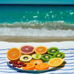 לאכול מגש פירות חתוכים בחוף הים ביום שבת