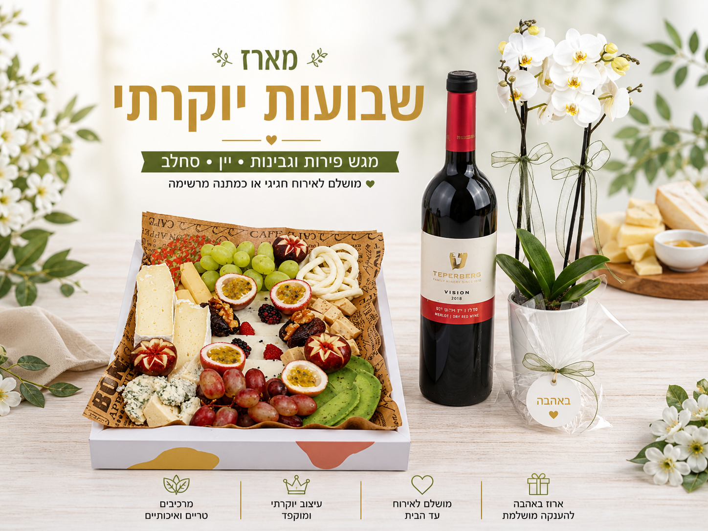 מארז שבועות: מגש גבינות+סחלב+יין אדום